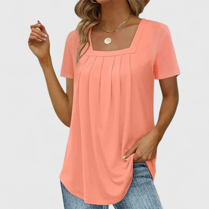 Elegant women's summer top, a sophisticated short-sleeve blouse with a stylish square neck for chic warm-weather outfits.