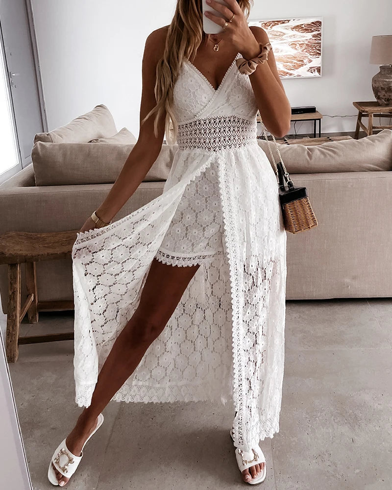 Women's romantic flowy summer maxi dress, elegant V-neck design, perfect casual or party wear.