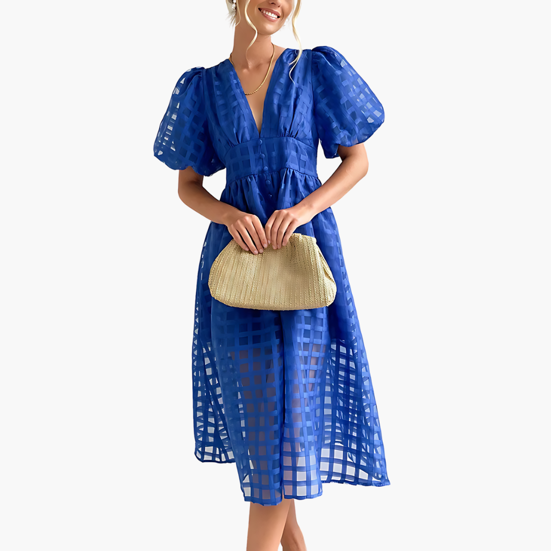 Comfortable flowy summer midi dress for women, effortless sleeveless A-line style.