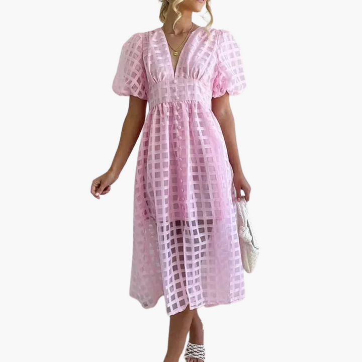 Women's comfortable flowy midi dress, elegant sleeveless summer style, effortless chic.