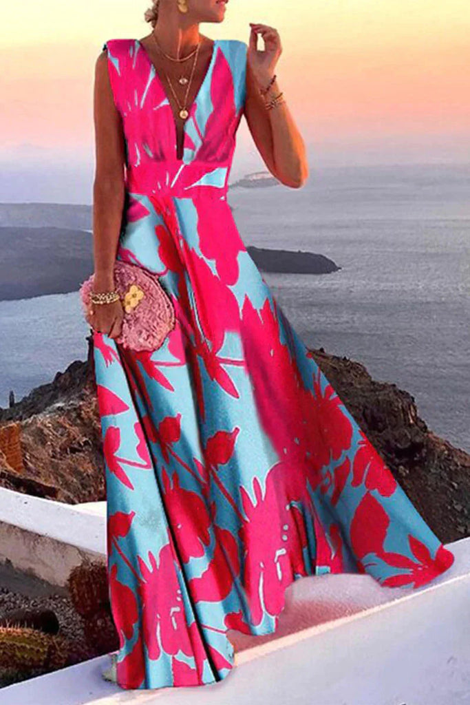 New women's colorful summer midi dress, elegant and flowy, ideal for beach, vacation, or garden parties.
