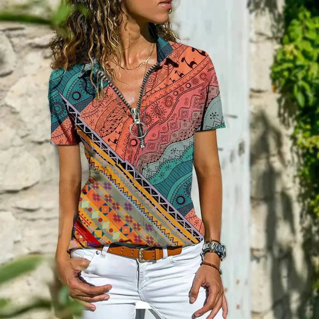 Stylish women's summer top, lightweight & comfortable. A modern button-down blouse for casual chic.
