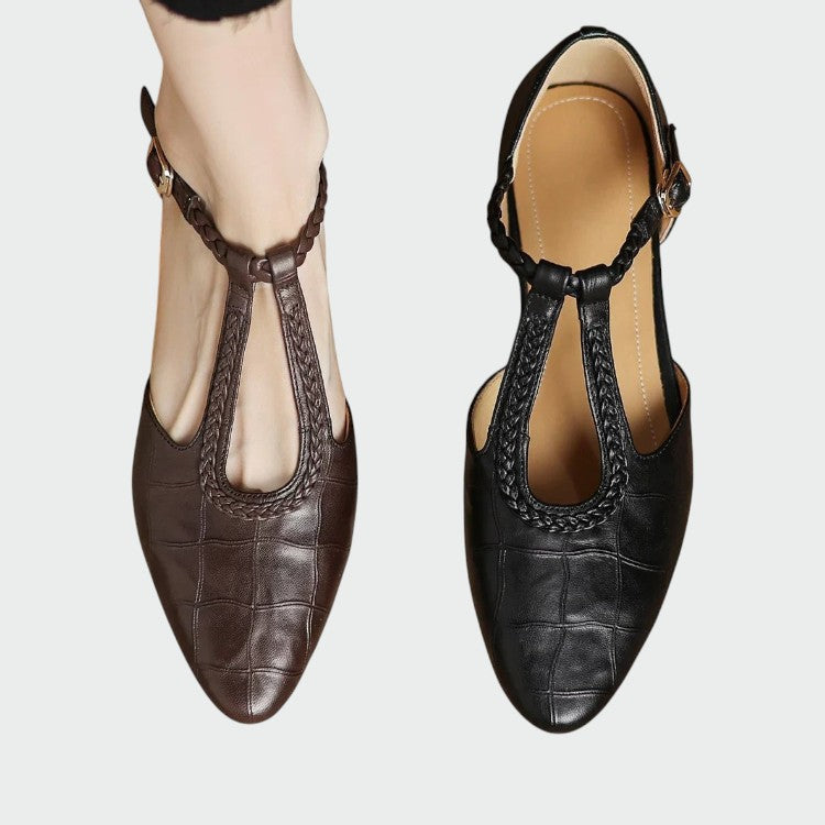 Stylish women's T-Bar Mary Jane shoes in black with a pointed toe and comfortable block heel, ideal for any occasion.