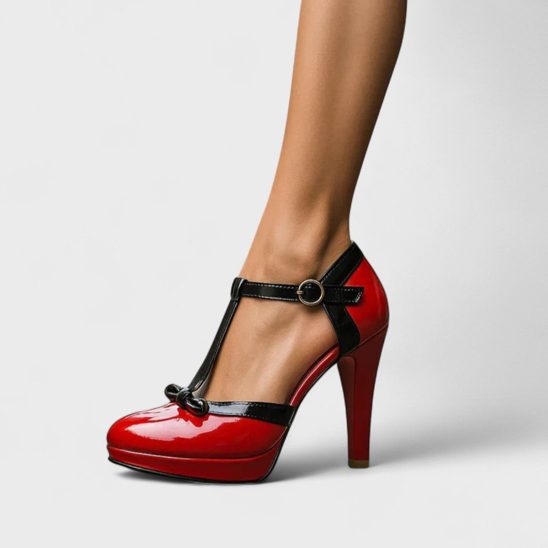 Women's elegant platform T-strap heels, perfect for evening parties & sophisticated fashion.