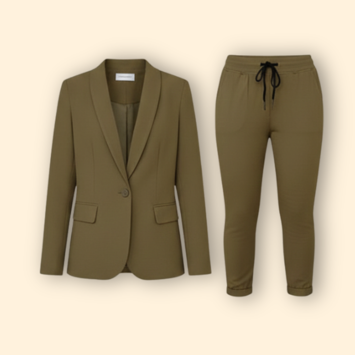 Elegant women's tailored blazer & drawstring pant set. Perfect for office or smart casual wear.