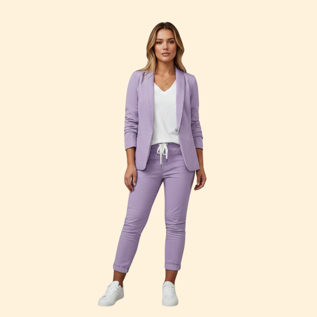Women's fashionable two-piece tailored blazer & drawstring pant set. Perfect for office or casual chic.