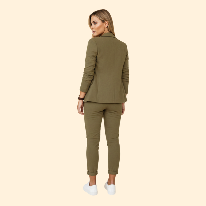 Stylish women's tailored blazer set with comfortable drawstring pants. Smart casual & versatile outfit.