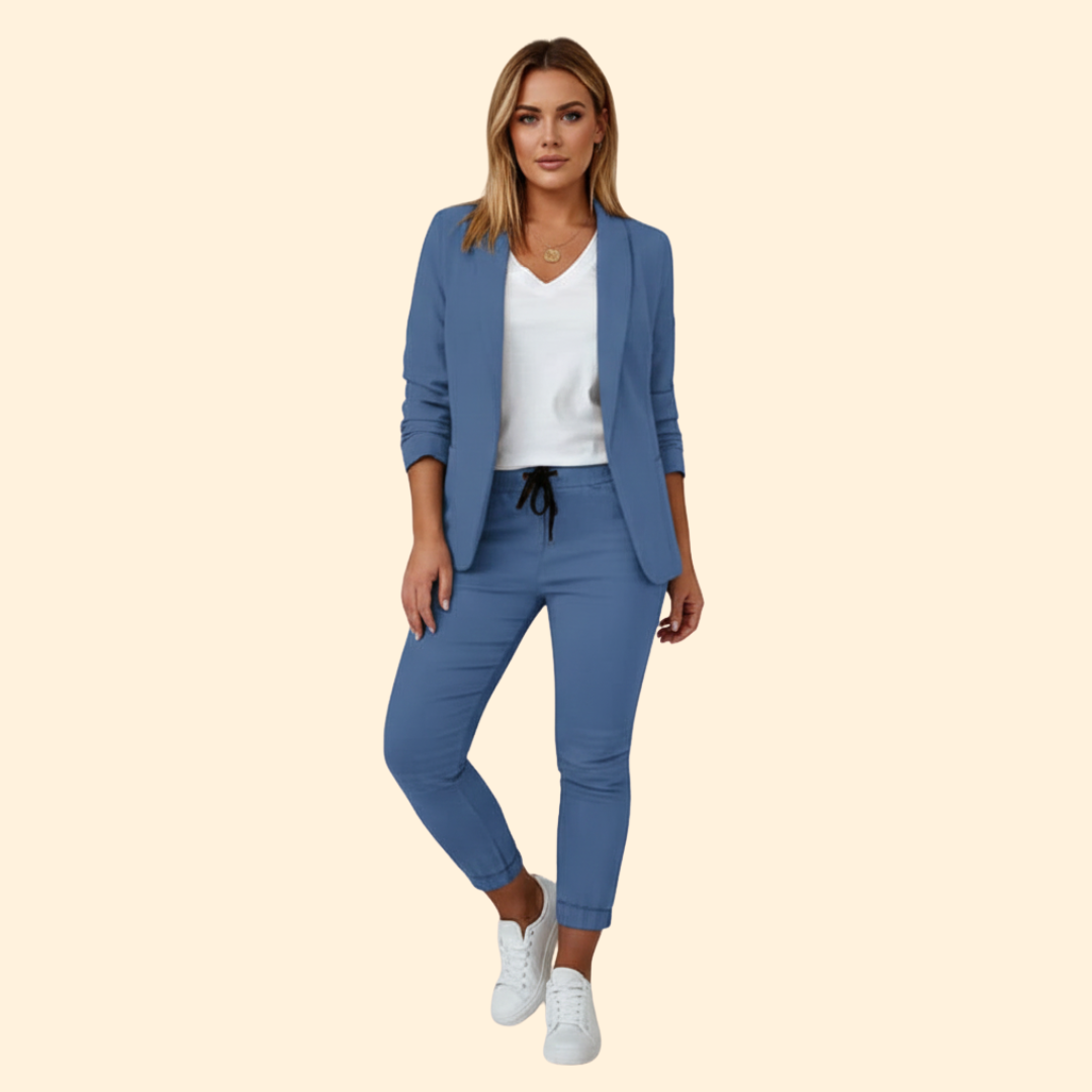 Women's elegant suit set: sophisticated tailored blazer paired with comfortable drawstring pants.