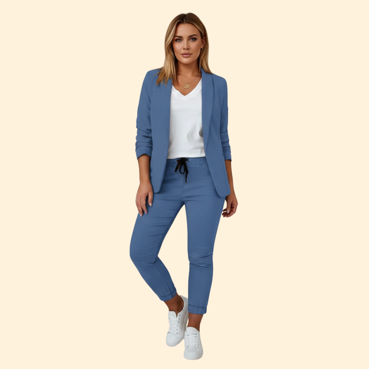 Women's elegant suit set: sophisticated tailored blazer paired with comfortable drawstring pants.