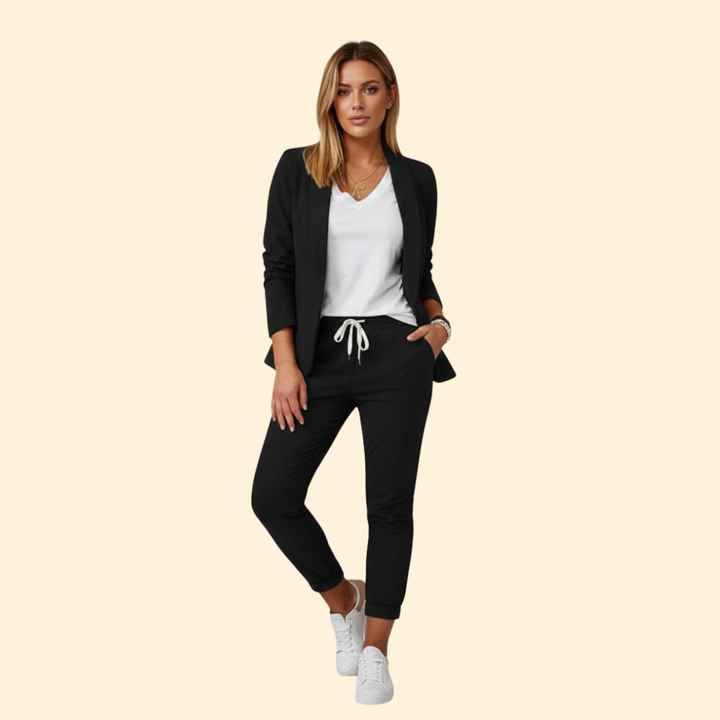 Versatile women's tailored blazer & drawstring pant set. Elegant for office, comfortable for everyday.