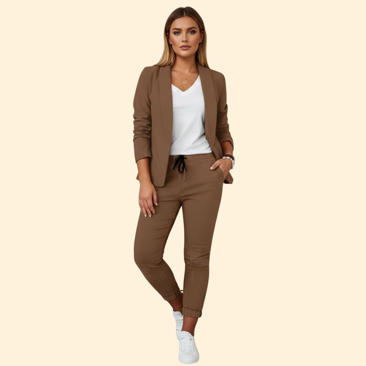 Elegant women's tailored blazer and comfy drawstring pant set for a polished, versatile look.