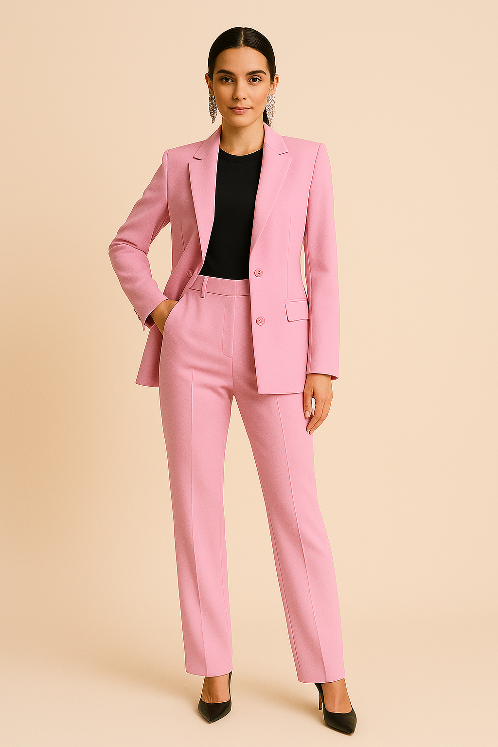 Elegant women's tailored blazer & pleated pants set for work or smart casual events. Perfect summer co-ord outfit.