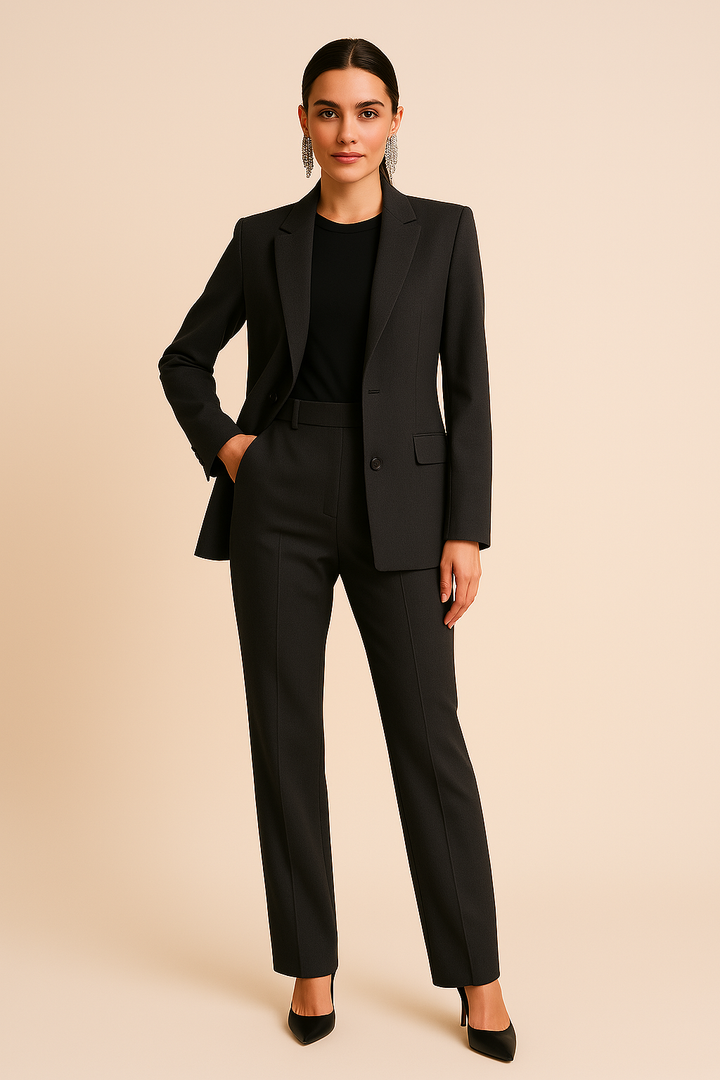 Stylish women's tailored blazer and matching pleated pants. Chic two-piece workwear or smart casual summer outfit.