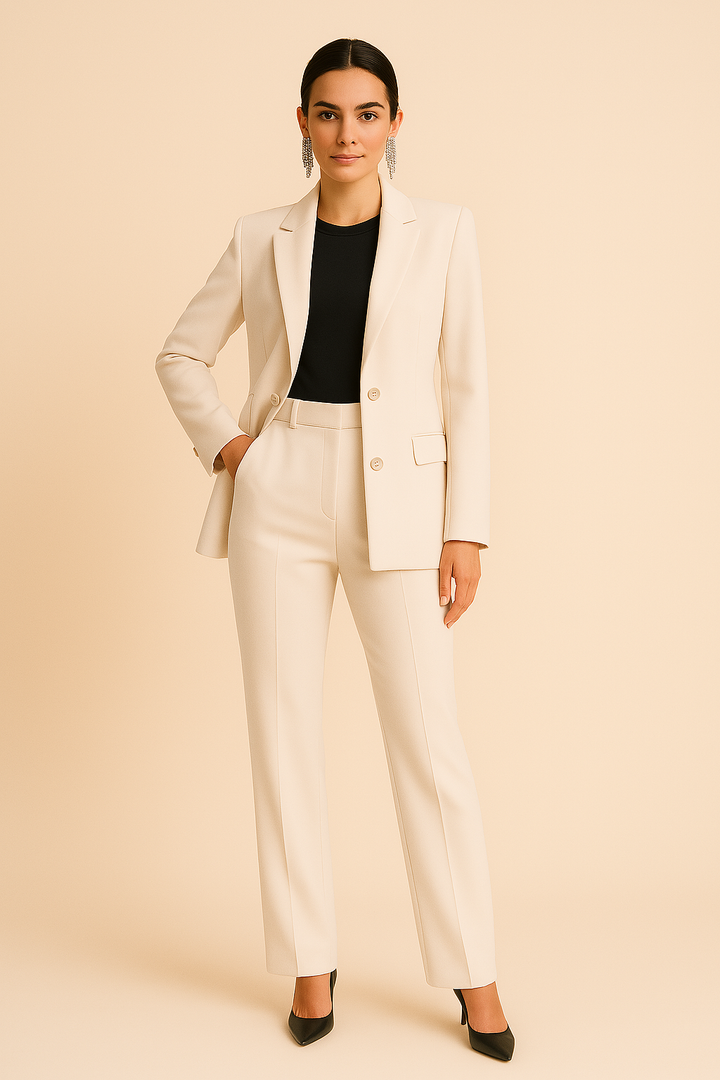 Sophisticated women's tailored blazer set with pleated pants, ideal for elegant workwear or stylish summer fashion.