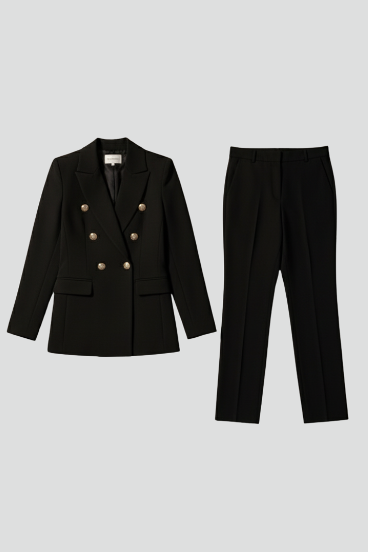 Elegant women's tailored blazer & trouser set, perfect for professional business attire & office outfits.