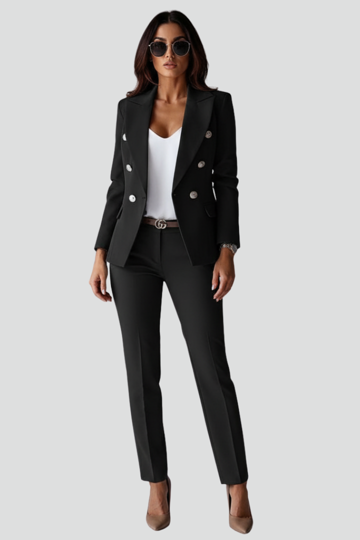 Sophisticated women's two-piece suit with a sleek tailored blazer and matching trousers for formal wear.