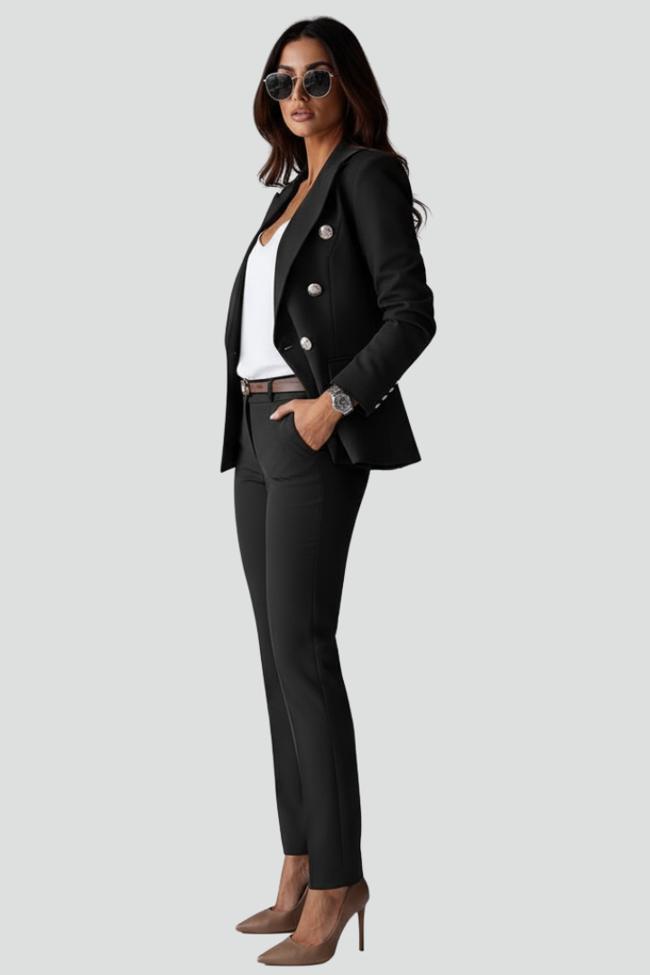 Stylish professional women's suit set, featuring a chic tailored blazer and comfortable trousers.