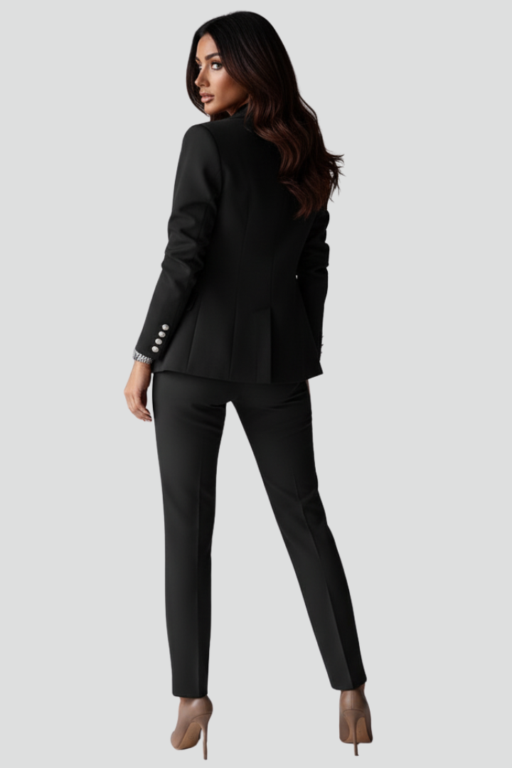 Formal women's business attire: a versatile tailored blazer and elegant trousers for office fashion.