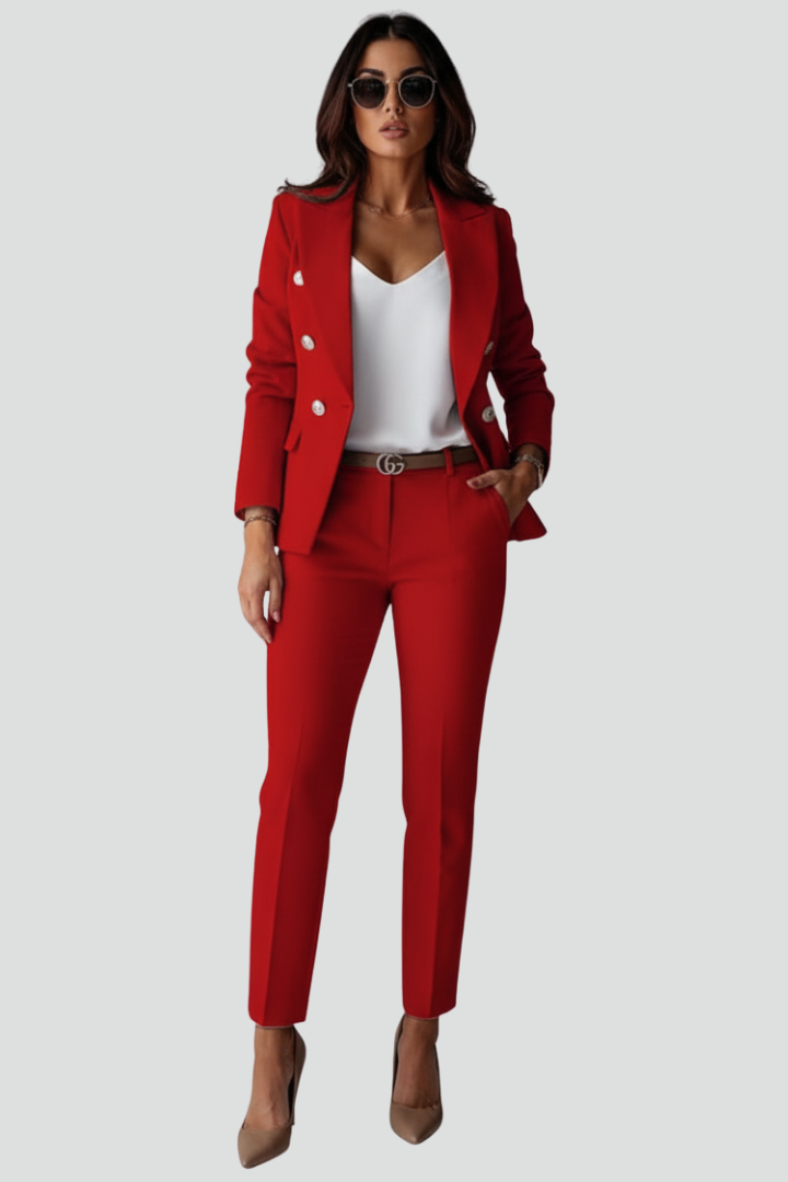 Chic summer fashion: women's elegant tailored blazer & trouser suit set for stylish office outfits.