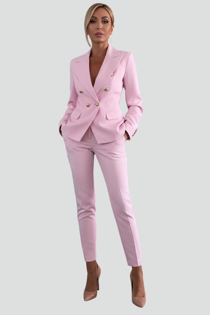 Front view of a model wearing a women's professional tailored blazer and trouser suit set.