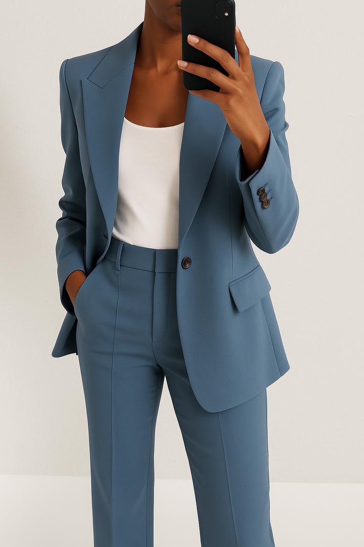 Elegant women's tailored blazer & trouser suit set for sophisticated professional wear.
