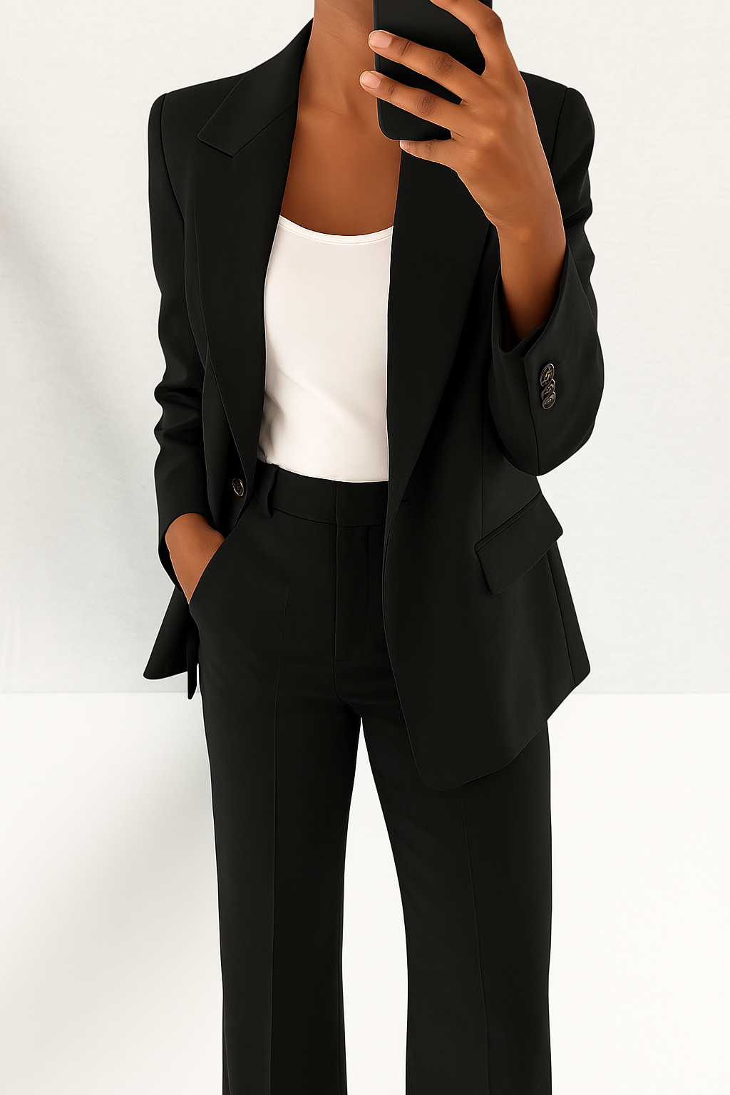 Classic women's formal suit set, a tailored blazer & trouser ensemble for elegant professional fashion.
