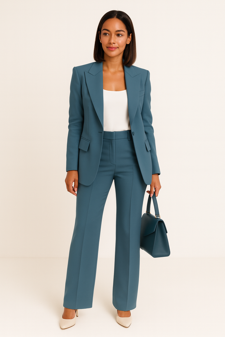 Versatile women's two-piece tailored blazer and trouser set, ideal for smart casual or professional wear.