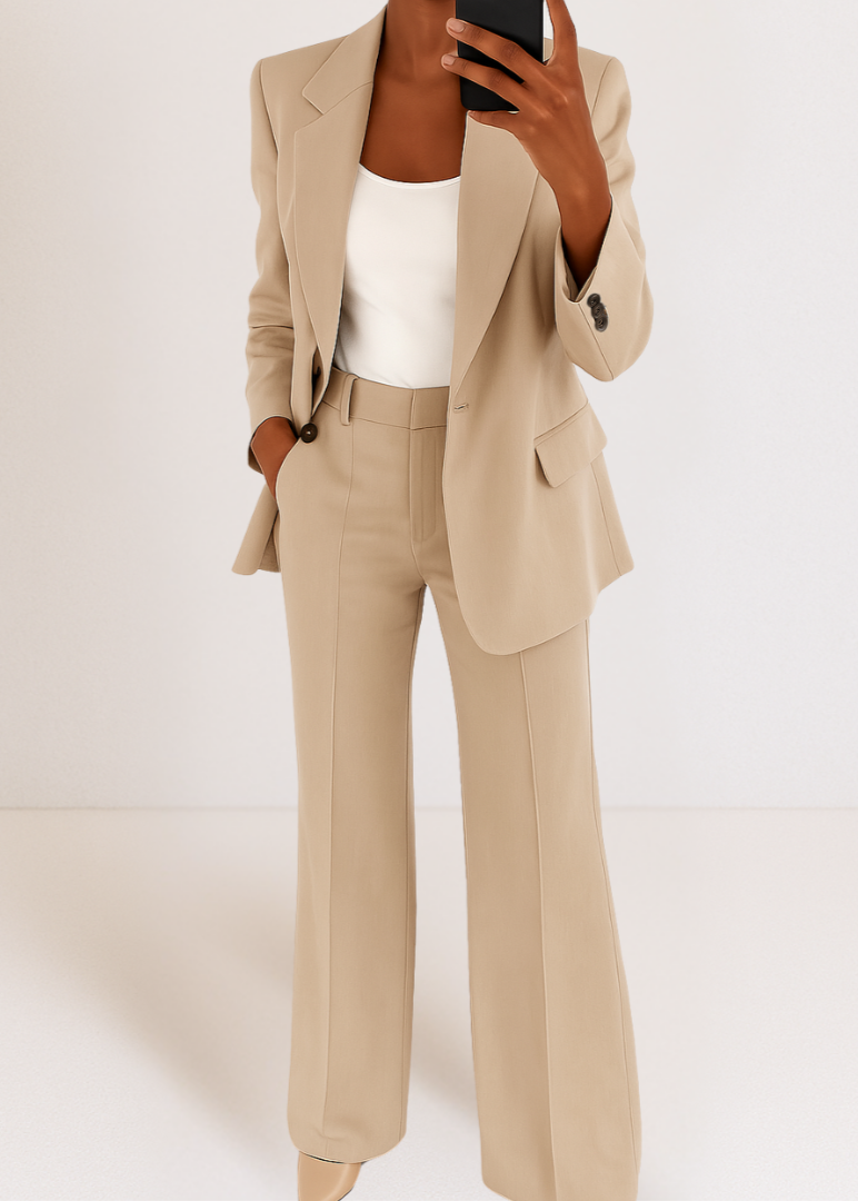 Chic women's tailored blazer and matching trousers co-ord set, perfect for a sophisticated, modern style.
