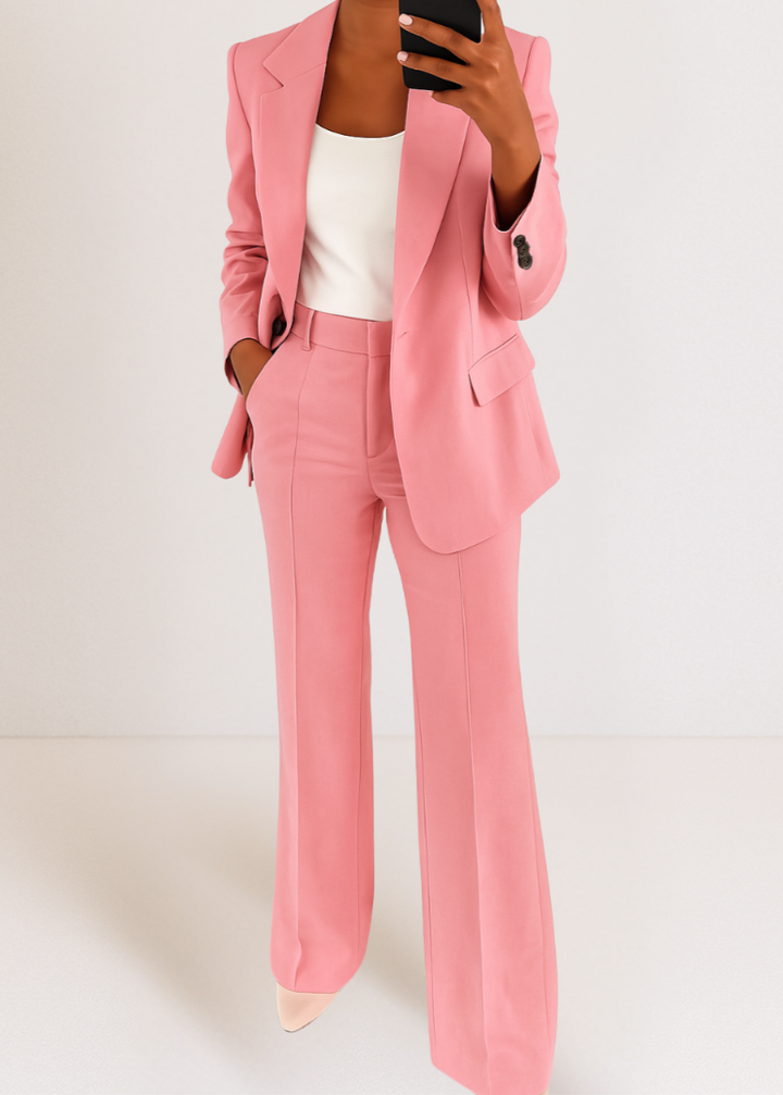 Stylish women's tailored co-ord set featuring a blazer & trousers, designed for a polished, elegant fashion look.