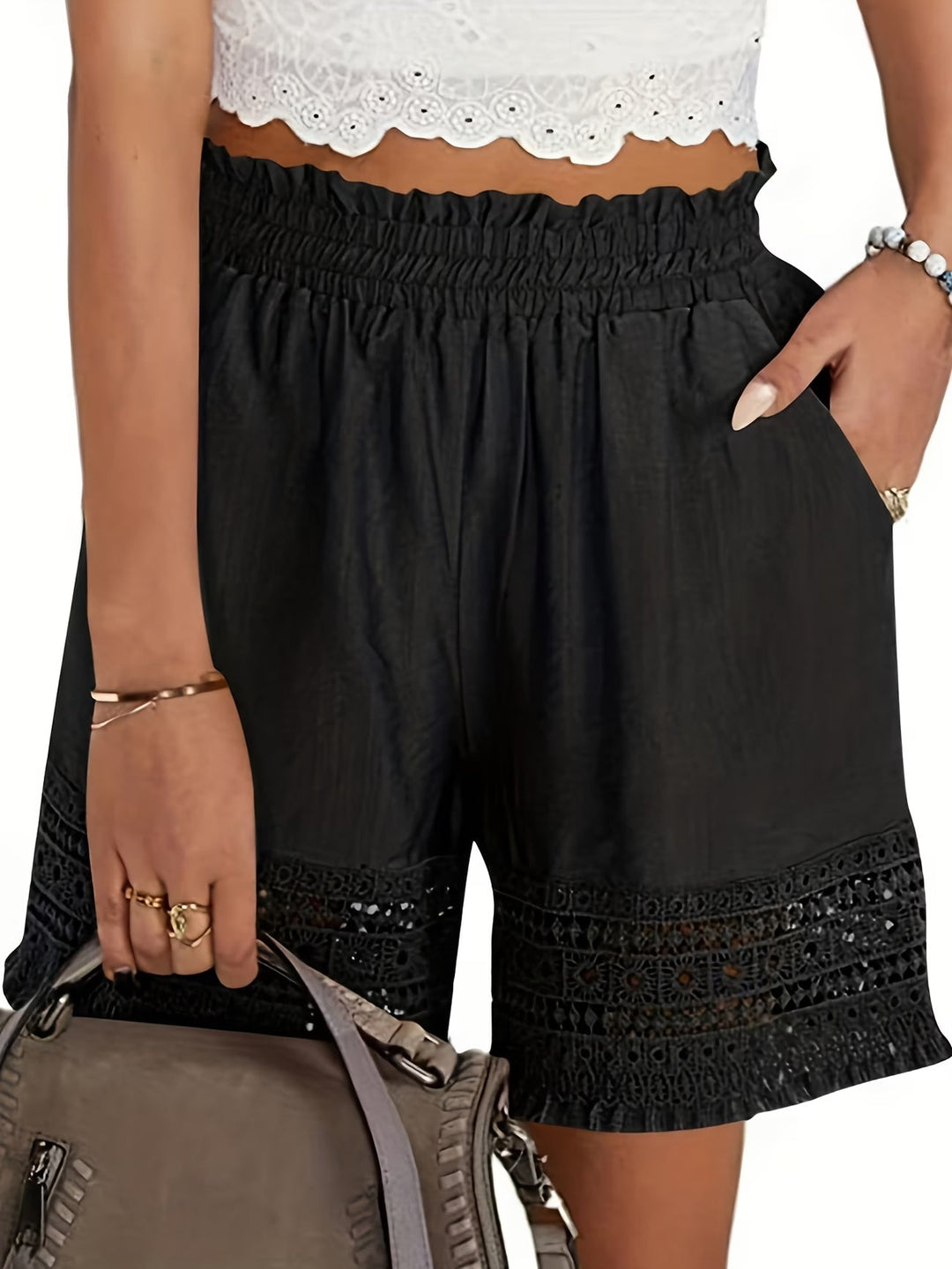 Stylish women's lace trim shorts with pockets, versatile for casual summer outings or dressy warm-weather events.