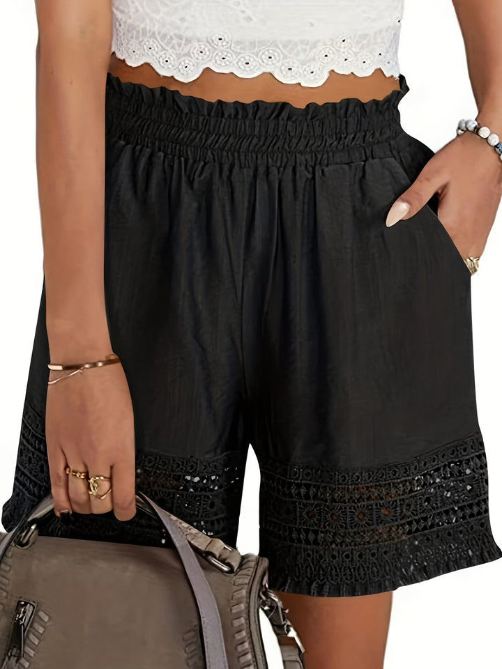 Stylish women's lace trim shorts with pockets, versatile for casual summer outings or dressy warm-weather events.