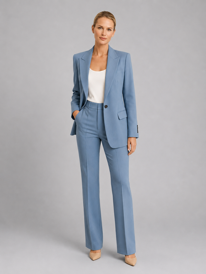 Women's occasion wear trouser suit, ideal for wedding guests, with a sophisticated blazer & formal high-waist trousers.
