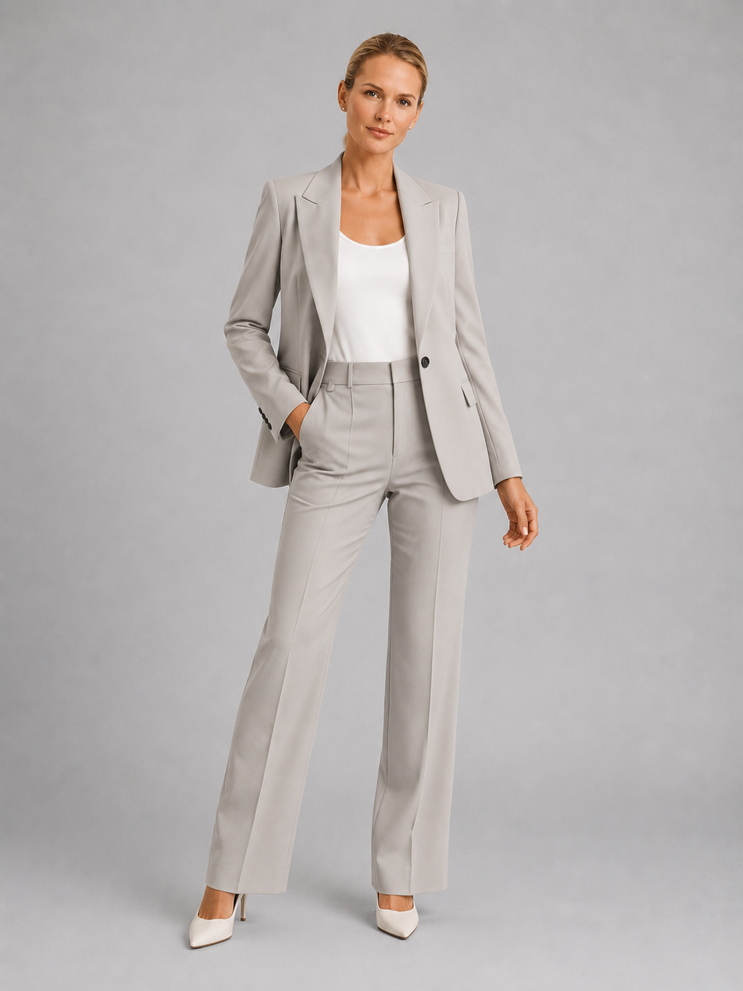 Close-up of an elegant women's tailored blazer, part of a sophisticated trouser suit for weddings & formal occasions.