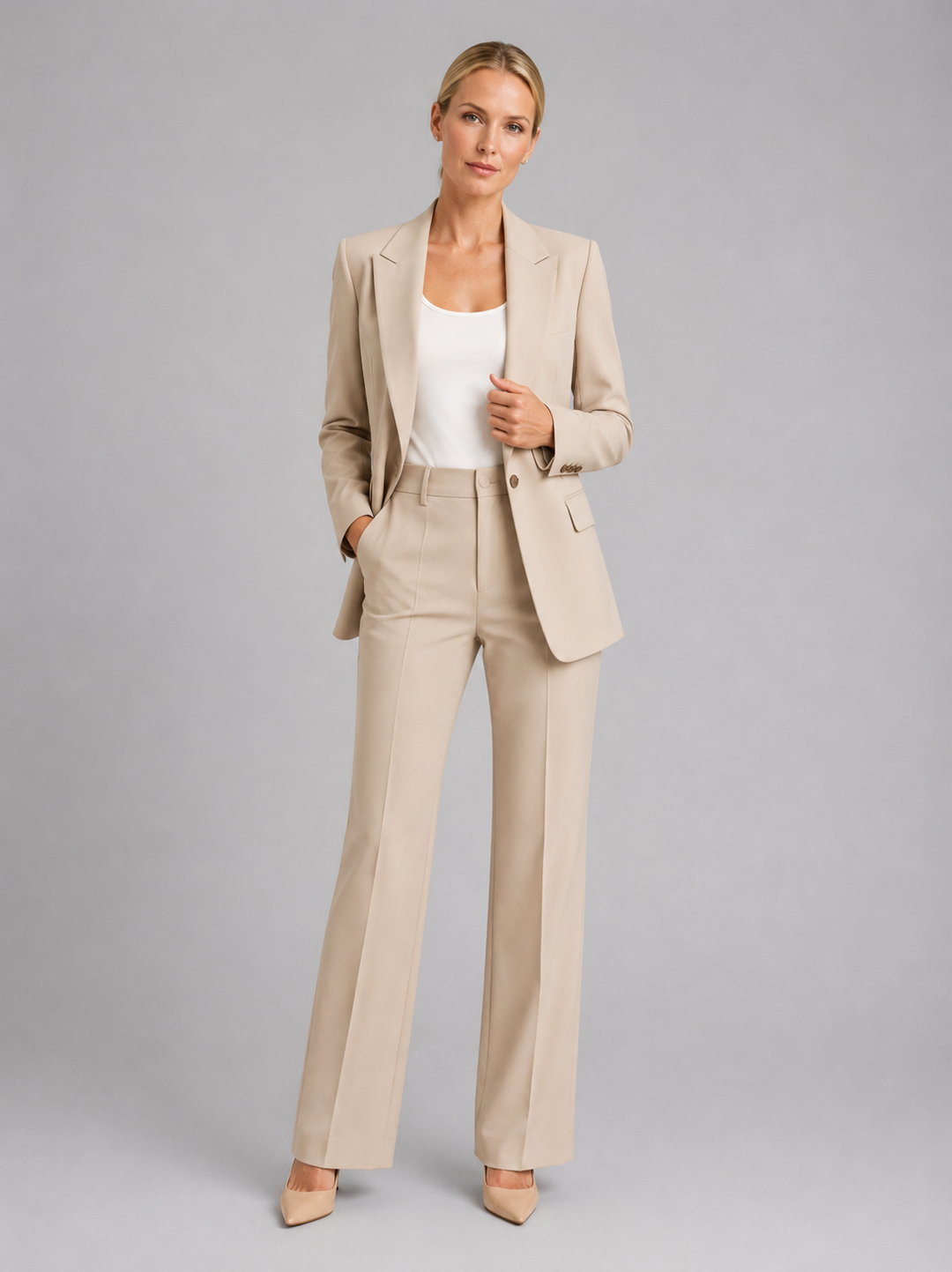 High-waist formal trousers, key component of a women's elegant two-piece suit set, ideal for wedding guests.
