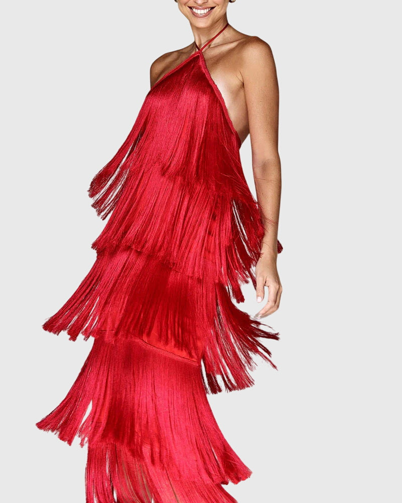 Elegant women's tassel halter dress, perfect for special occasions. Flowy, chic design.