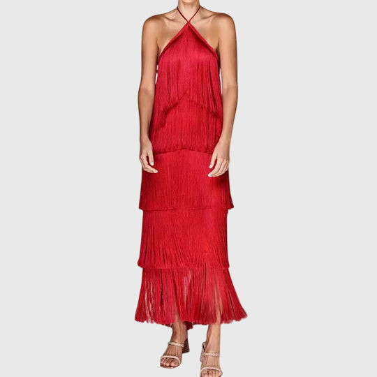Glamorous open-back halter dress with intricate tassels for evening parties. Women's fashion.
