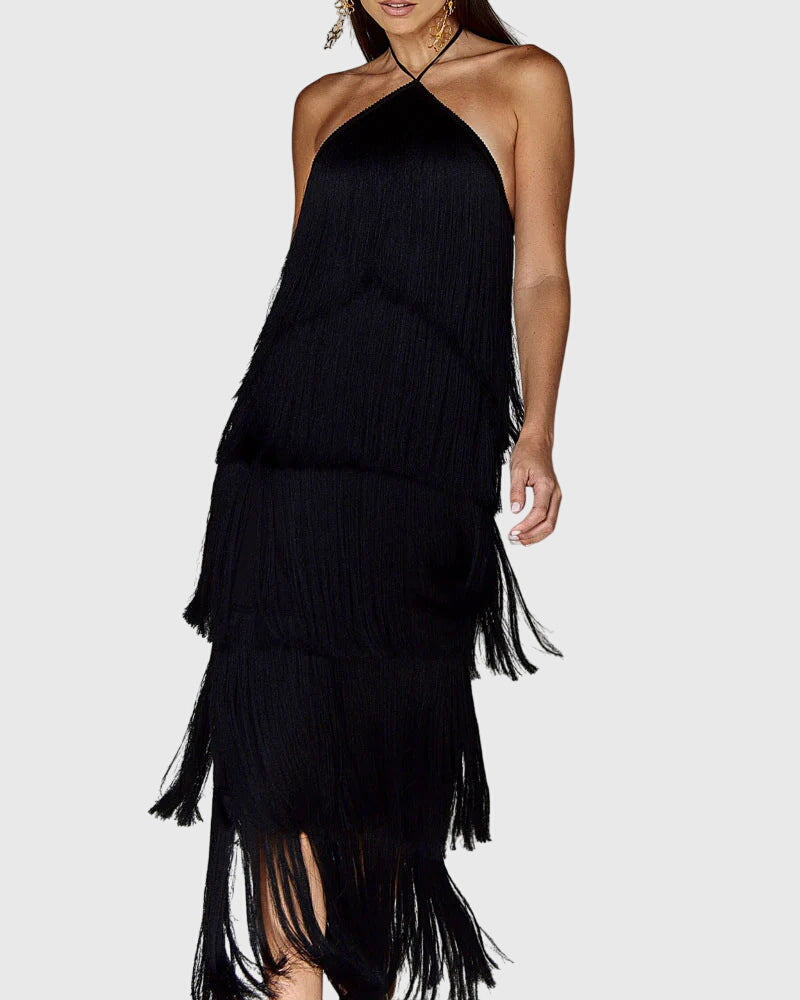 Chic cocktail dress: women's elegant halter with flowing tassels, ideal for special events.