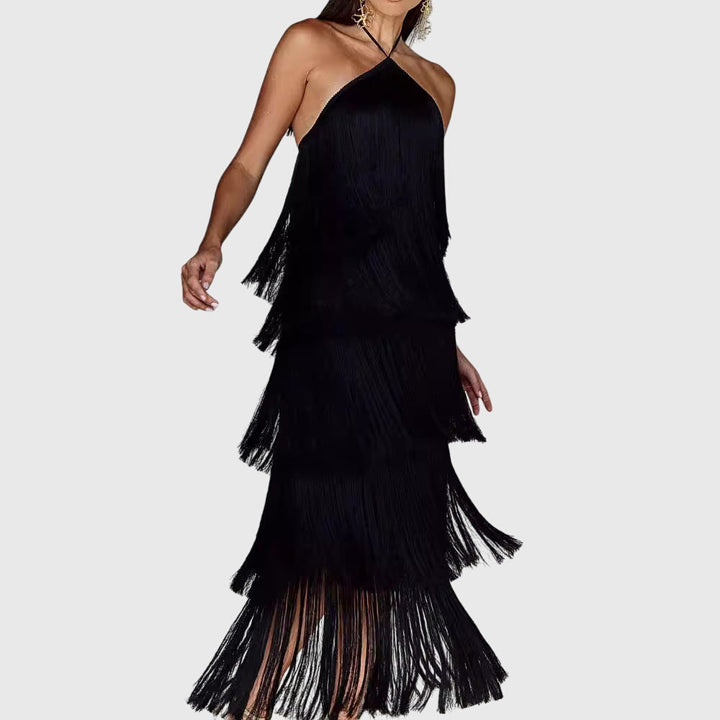 Stylish women's party dress, elegant tassel halter design. Perfect for glamorous evening wear.