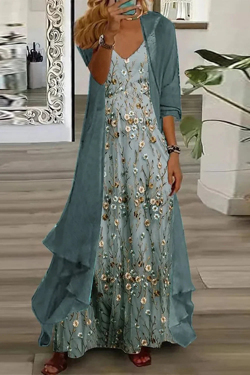 Elegant women's teal floral maxi dress set with a sleeveless V-neck dress and matching duster cardigan.