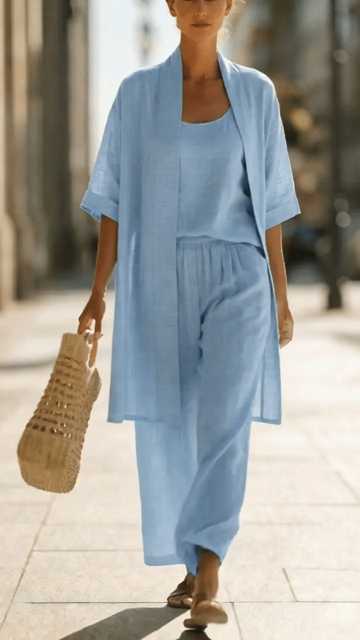 Complete women's three-piece set with a relaxed fit for comfort, elegant design, great for casual summer wear.