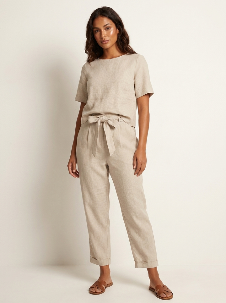 Comfortable women's summer lounge set with a stylish tie-waist top and matching pants.