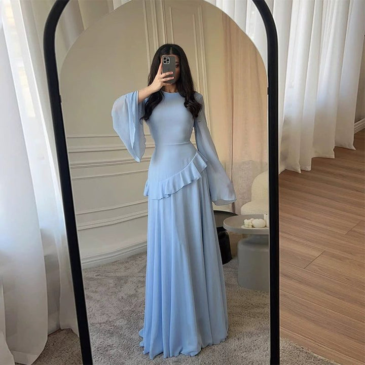 Chic women's bell sleeve maxi dress, a tiered design ideal for wedding guests & special events.
