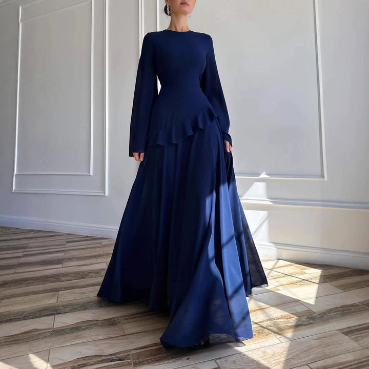 Fashionable women's bell sleeve, tiered maxi dress, an elegant long dress for wedding guests.