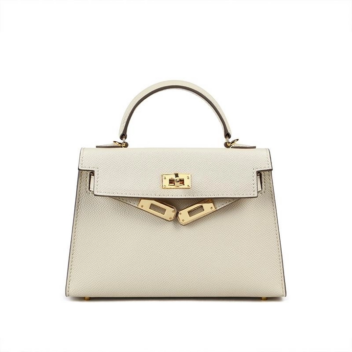 Elegant women's handbag with a strong top handle and a gleaming gold lock, a must-have fashion item.