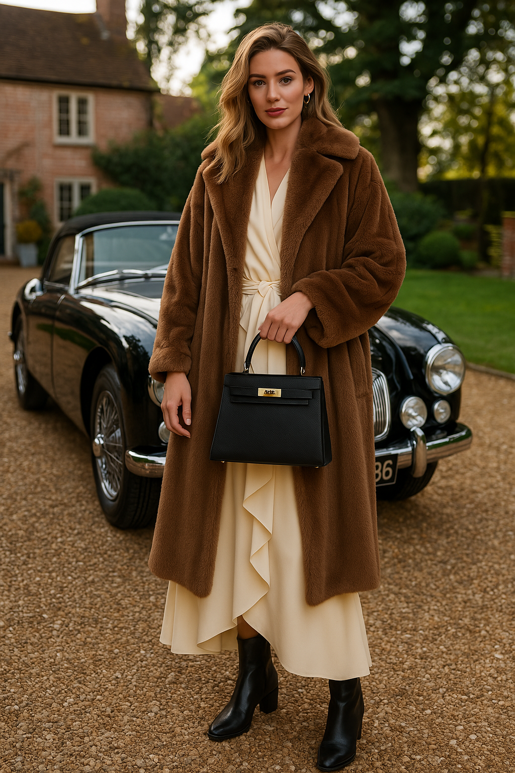 Sophisticated ladies' structured top handle bag with a prominent gold hardware lock, a chic accessory.