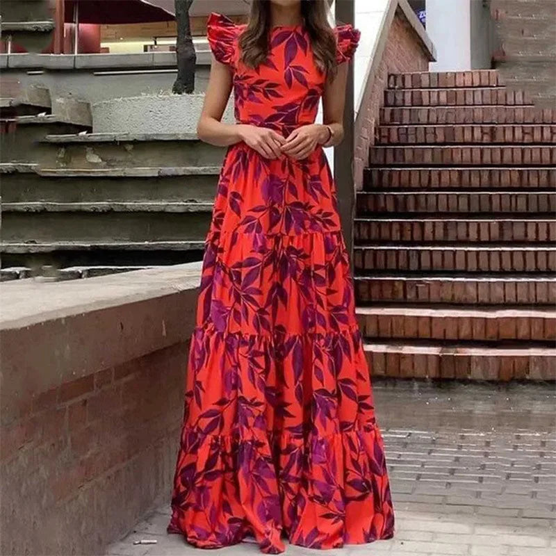 Elegant women's tropical print maxi dress, perfect for summer vacations, beachwear, or casual parties.