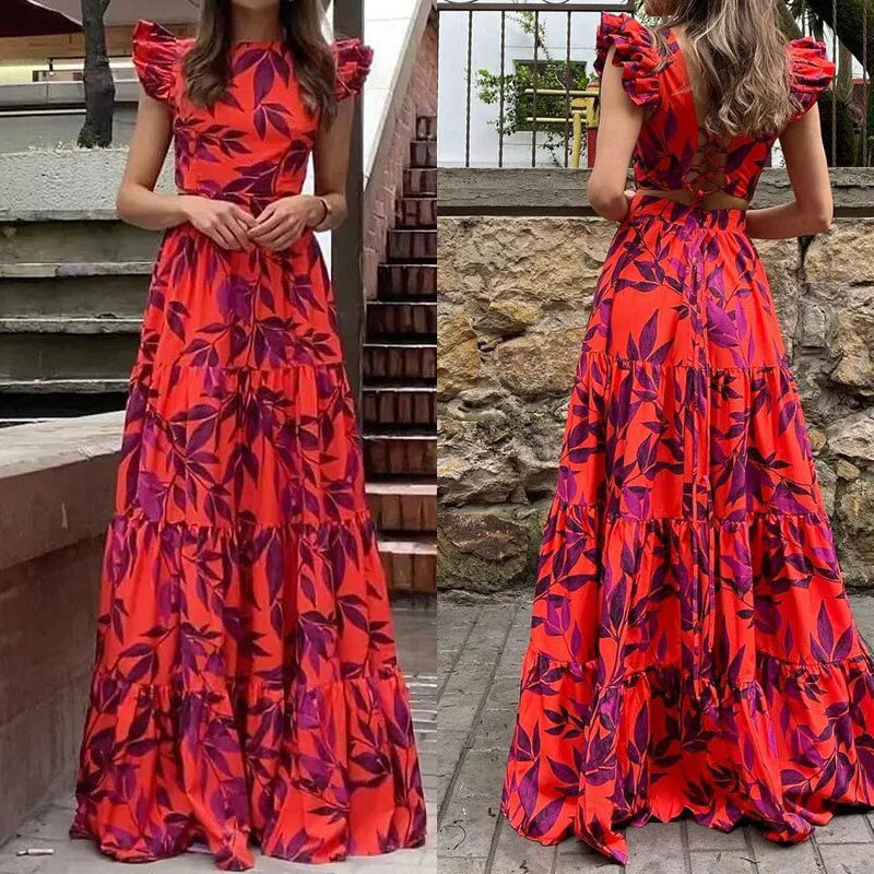 Flowy tropical print maxi dress for women, featuring elegant ruffles, ideal for summer evenings & parties.