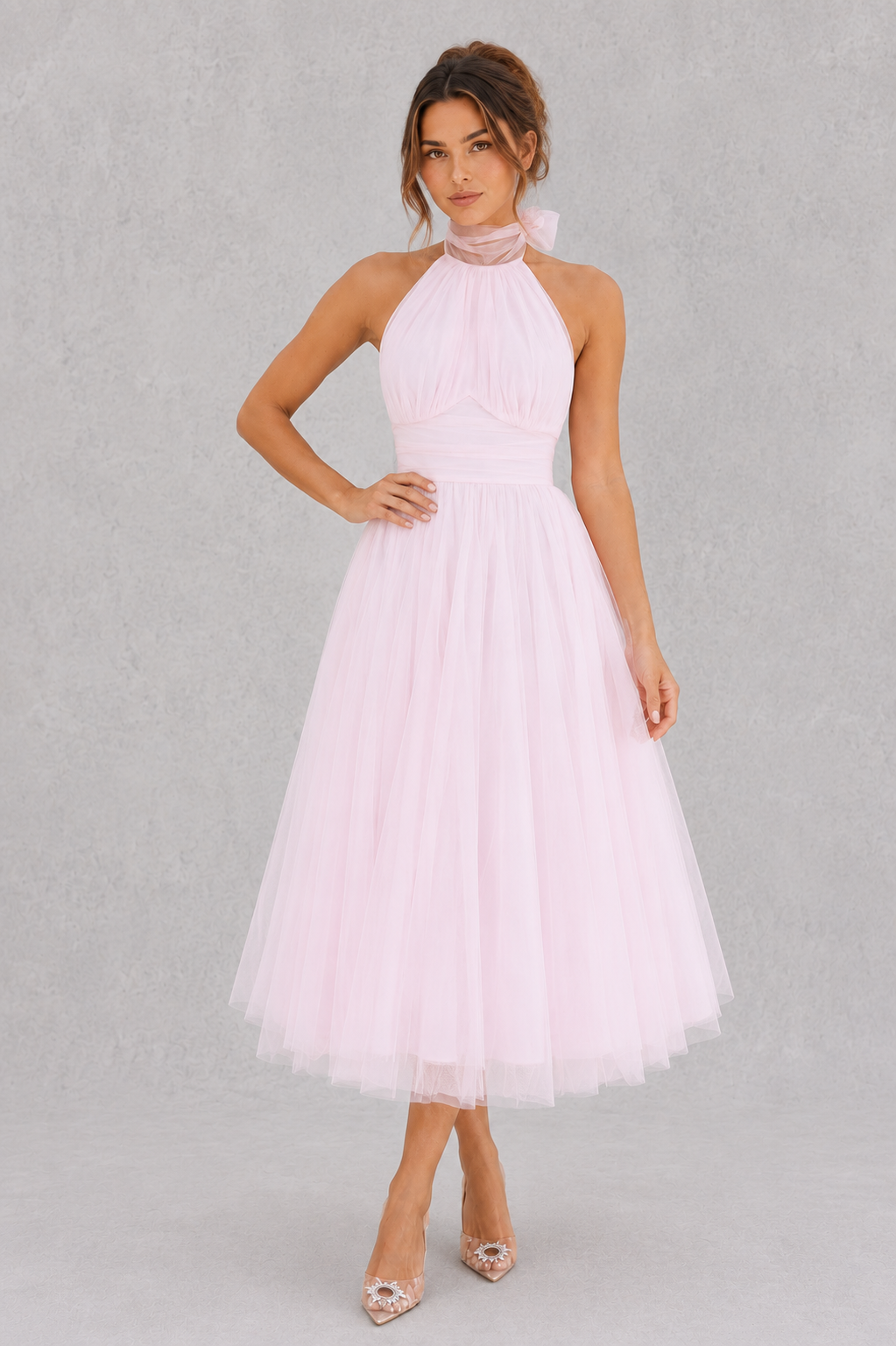 Elegant women's tulle midi evening dress for special occasions, perfect formal wear.