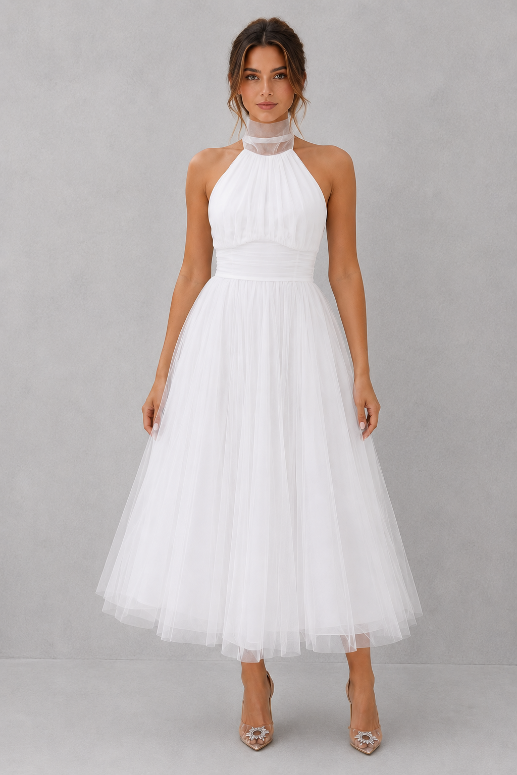 Sophisticated midi evening dress, a timeless and elegant option for special occasions.