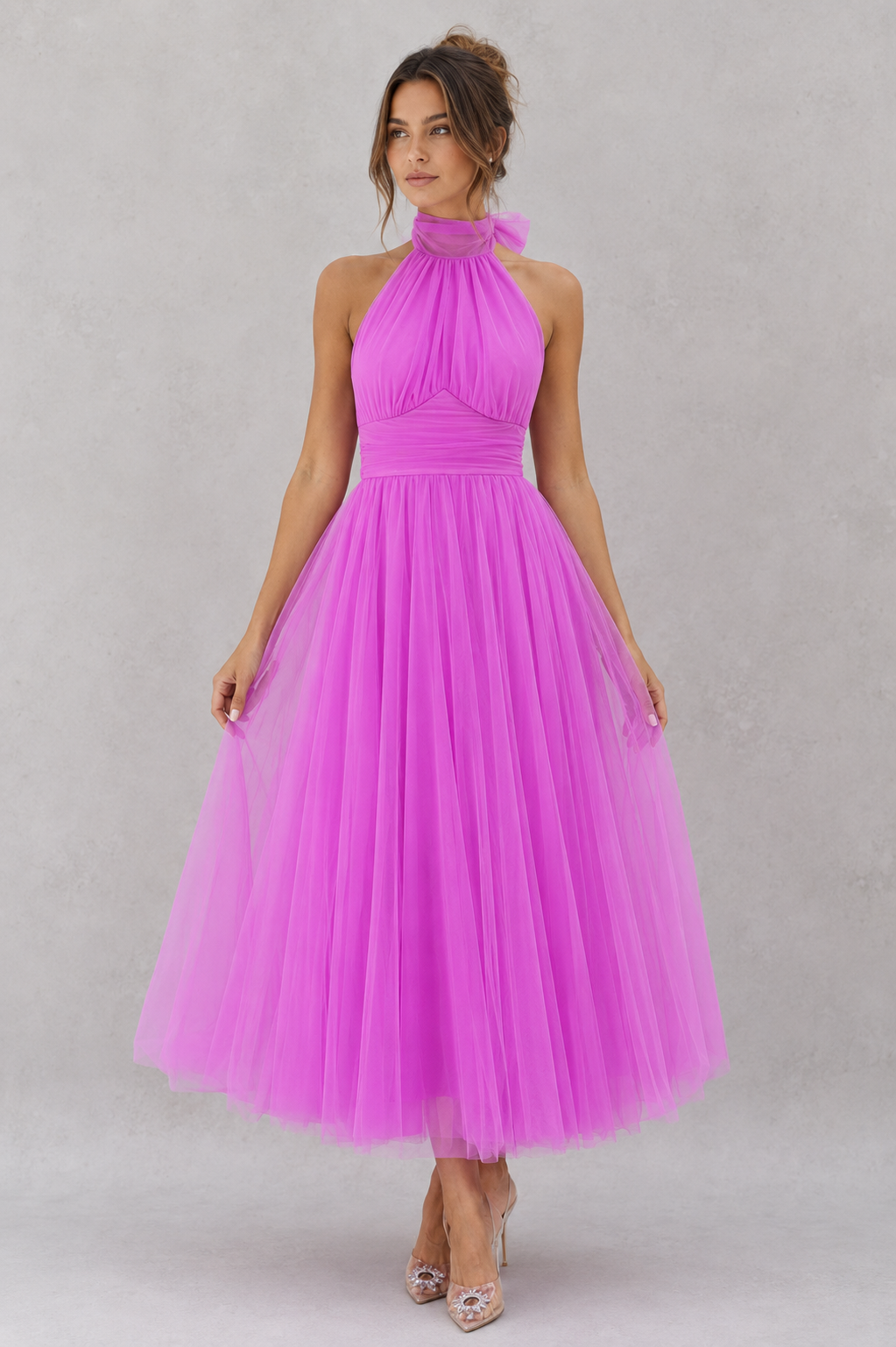 Elegant formal midi party dress in soft tulle, a flattering choice for evening wear.